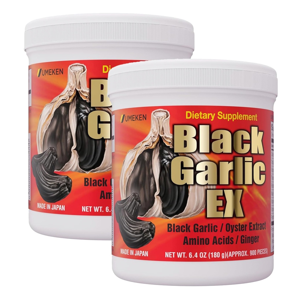 Umeken Black Ķiploki EX, Fermentēts koncentrāts ar B vitamīnu, allicīns, aminoskābe, fermentēta melnā ķiploka papildinājums, Oyster ekstrakts, ingvers, 4-6 mēnešu piegādes, 6.4 Ounce 180g pudele, iepakojums pa 2