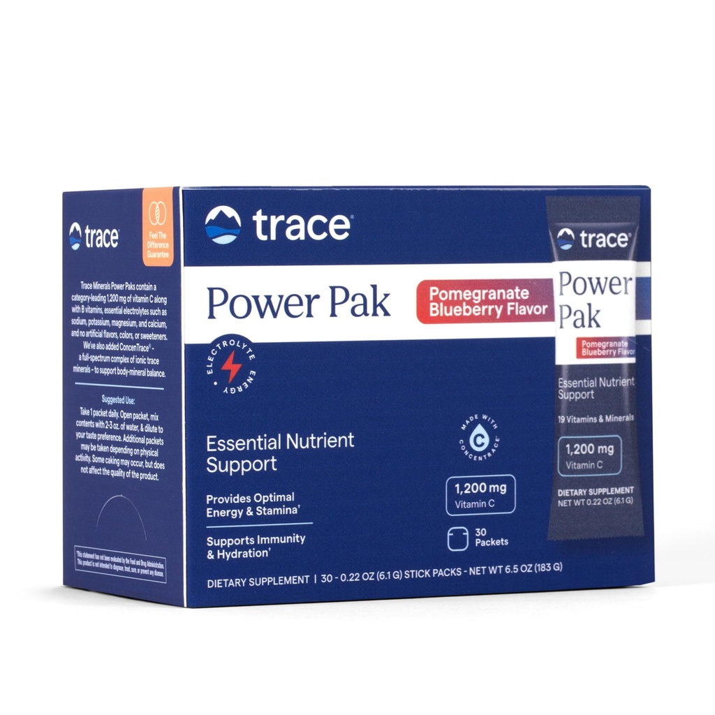 Trace Minerals Power Pak Multivitamīnu un multiminerālu paketes - Elektrolītu atbalsts - 1200 mg vitamīns C Plus 70 Granātābolu zilene Flavor - 30 paketes