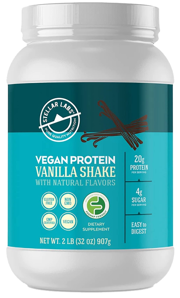 Stellar Labs Vegan Protein Pulveris ar BCAA's & Antioksidanti -- Certified Low FODMAP, Nav ĢMO, Gluten, Bez sojas, Zems Karb, ar Stevia --Lean augu bāzes proteīna pulveris Shakes - Vanilla