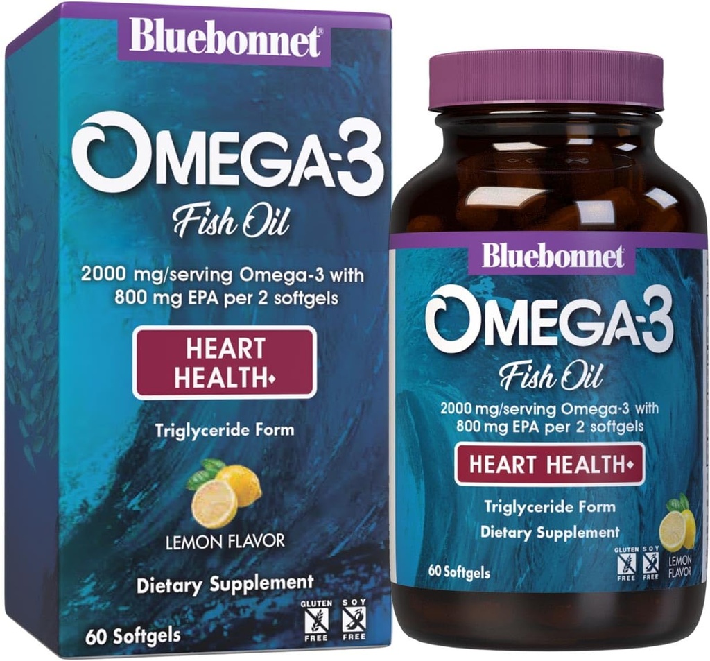 Bluebonnet Nutrition Omega-3 Heart Formula Dabīgs savvaļas caught Trigliceride Form DHA 600 mg EPA 800 mg - Ļoti koncentrēts sirds veselības atbalsta papildinājums - bez lipekļa - 60 Softgel