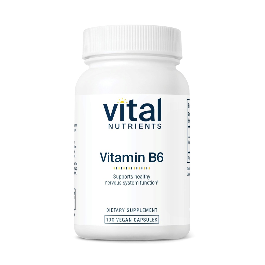 Vitamīni B6, Vegāns Metilēts B6 Vitamīni nervu sistēmai, muskuļi, kaulu veselība*, augsts B6 vitamīns menstruālai diskomfortam *, lipeklis, piens, bez sojas 100 kapsulas