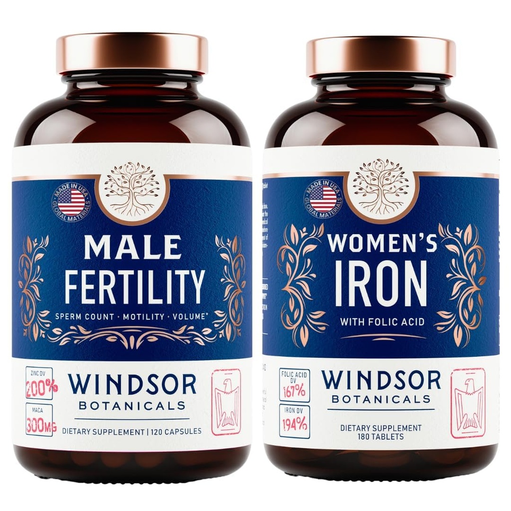 WINDSOR BOTANICALS Vīriešu auglības papildinājums un dzelzs tabletes ar folijskābi - auglība un prenatālās paka