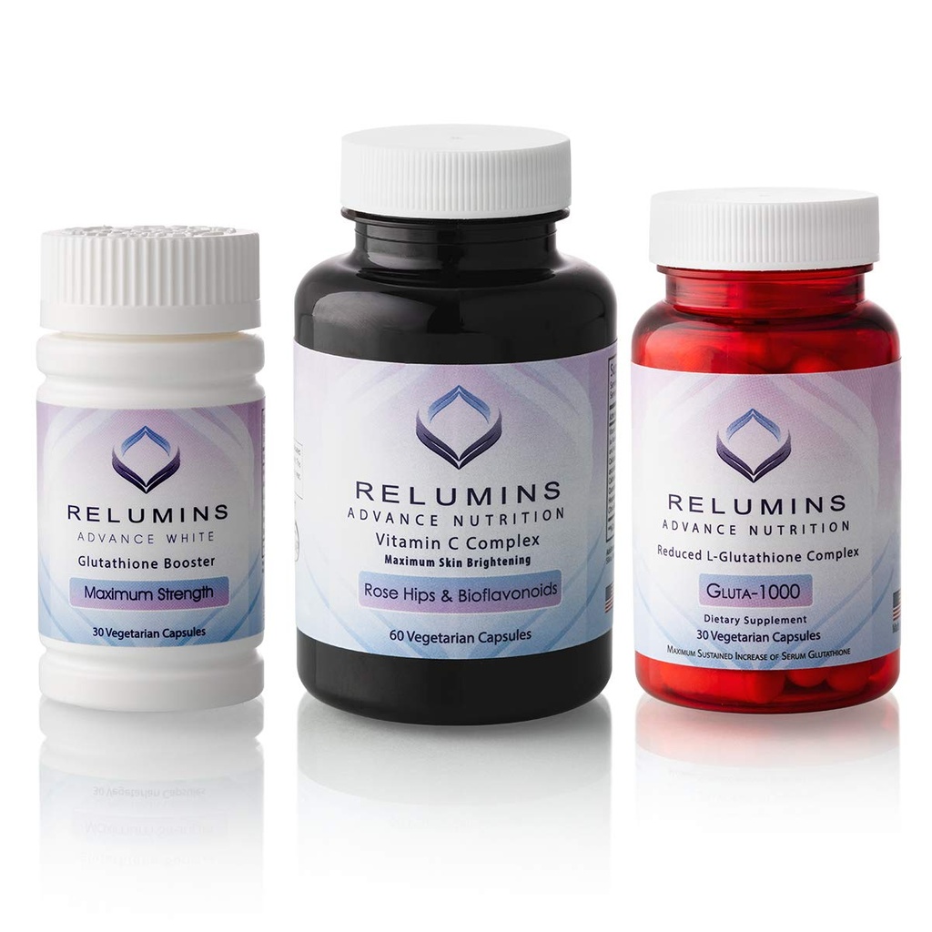 Relumi Advance Nutrition 3-Bottle Papildkomplekts – Gluta 1000 ar samazinātu L-Glutatione, vitamīns C MAX, Imūnfunkcija & Kopējais labsajūta – Vegan, Halal, Kosher, cGMP Sertificēts