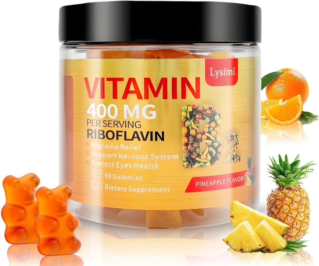 Vitamīns B2 Gumijas, vitamīns B2 Riboflavin Gumies 400mg ar magniju & Coq10, Migraine Relief & Relief, bērniem un pieaugušajiem, 90 košļājamās gumijas (1)