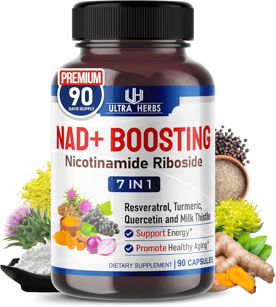 NAD+ Papildinājums ar nikotīnamīdu Riboside NR, Trans Resveratrol, Quercetin - Support Celular Energy, Longevity, Healthy Aging *USA Made & Tested * (90 Count (Pack of 1))