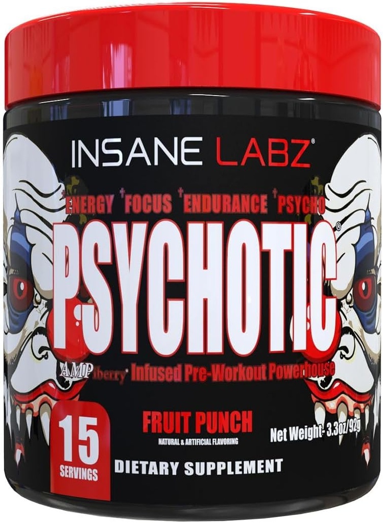 Insane Labz Psychotic, augsts stimulants pirms Workut pulveris, Galējā Lasting Enerģija, Fokuss un izturība ar Beta Alanine, kreatīnmonohidrāts, DMAE, 15 Srvgs, augļu pūderis