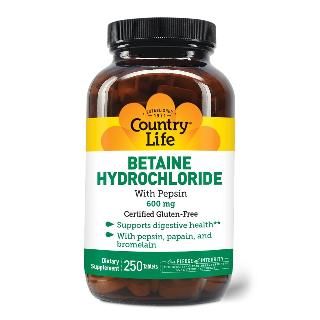Country Life Betaine hidrohlorīds ar pepsīnu 600 mg - 250 tabletes
