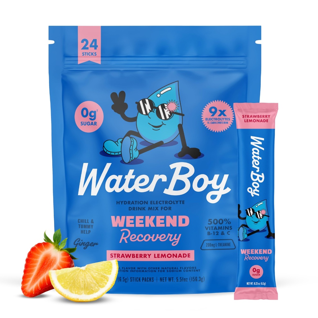 Waterboy Weekend Recovery - 3200mg Elektrolītu pūdera paketes - ingvers + L-teanīns + vitamīni - nē cukurs, visi dabas, bez lipekļa - 24 Dzērienu uzlīmes maisījumi (Zemeņu citronāde)