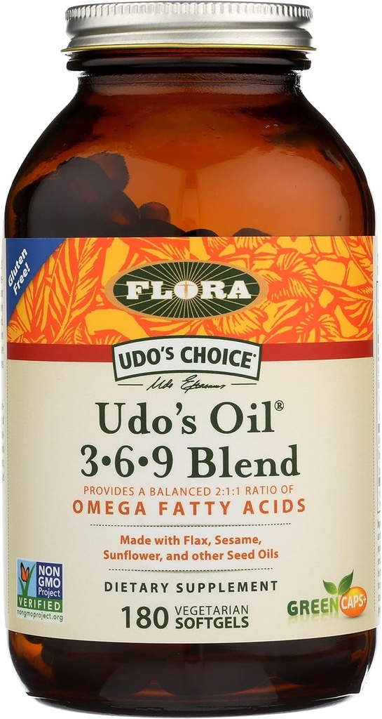 Flora Udo eļļa 3-6-9 Blend - satur organisko kokosriekstu, linsēklu eļļu & vairāk - 180 Veģetārie softgeli