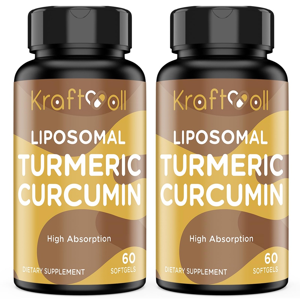 Liposomu Turmeric Curcumin 2200 mg ar melno piparu pastiprinātai absorbcijai un locītavu atbalstam, 60 softgels (2 pudeles)