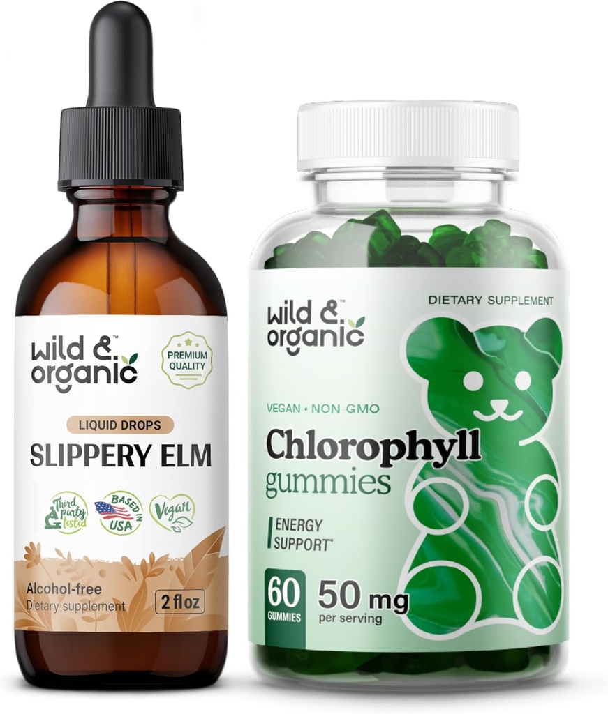 Savvaļas un organiskās spilgtas Elm Tincture 2 fl oz & Chlorophyll Gumies 60 Chews