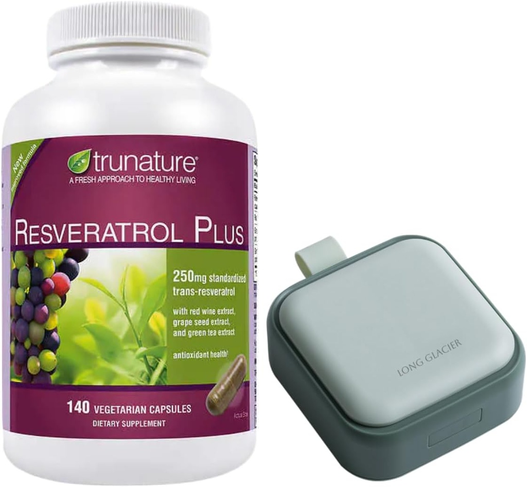 Tranature Resveratrol Plus, 140 Veģetārās kapsulas Bandle ar Pill Oragnizer, Mazs Cute Pill Konteiners medicīnai, Vitamīni, Zaļš