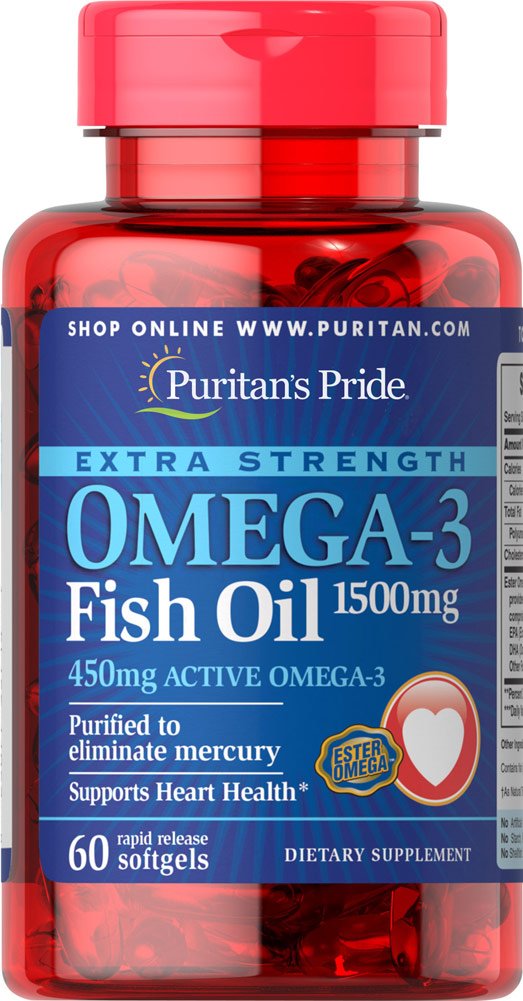 Puritans Pride Extra Strength Omega-3 Zivju eļļa 1500 Mg 450 Mg Aktīvā omega-3 softgels, 60 grāfs