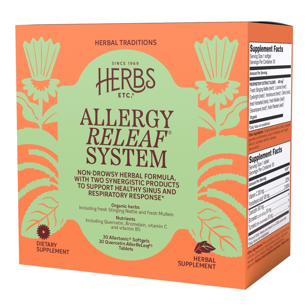 Herbs, Etc. Alerģijas ReLeaf sistēma - Sezonālā diskomforta papildinājums - Nodrošina atbalstu šķaudīšanai un niezošām acīm - Atbalsta Sinus funkciju - 30 Softgels (30 Servē)