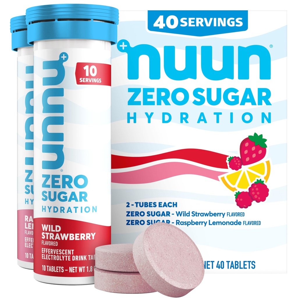 Nuun Nuun Nulle Cukura hidrācija Elektrolītu tabletes - magnijs, kalcijs, kālijs, hlorīdi un nātrijs, vieglie un kaitīgie augļu uzlējumi, bez cukura, bez glutēna, vegans, jaukts ogu 4 iepakojums (40 Kalpo kopā)