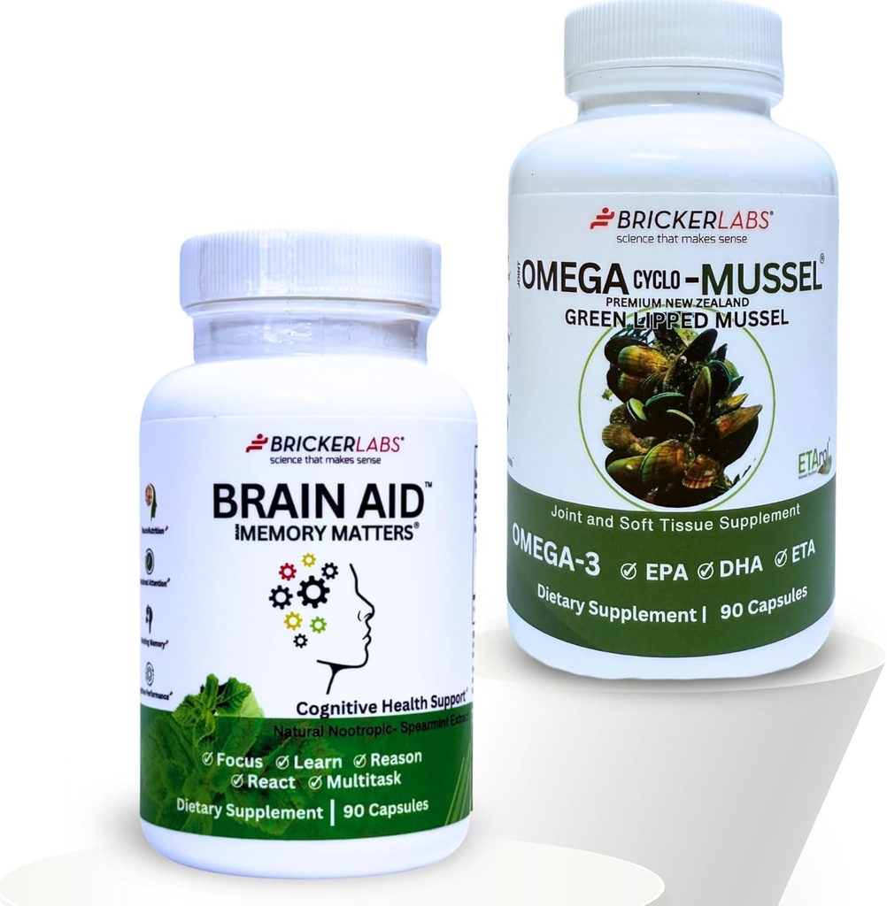 Bricker Labs Mind & Motion: Kopīga veselība un kognitīvais atbalsts Bandle: Omega Cyclo - Mussel Full Spectrum Omega locītavu atbalsts un smadzeņu palīdzība atmiņas jautājumi Kognitīvā atbalsta papildinājums,