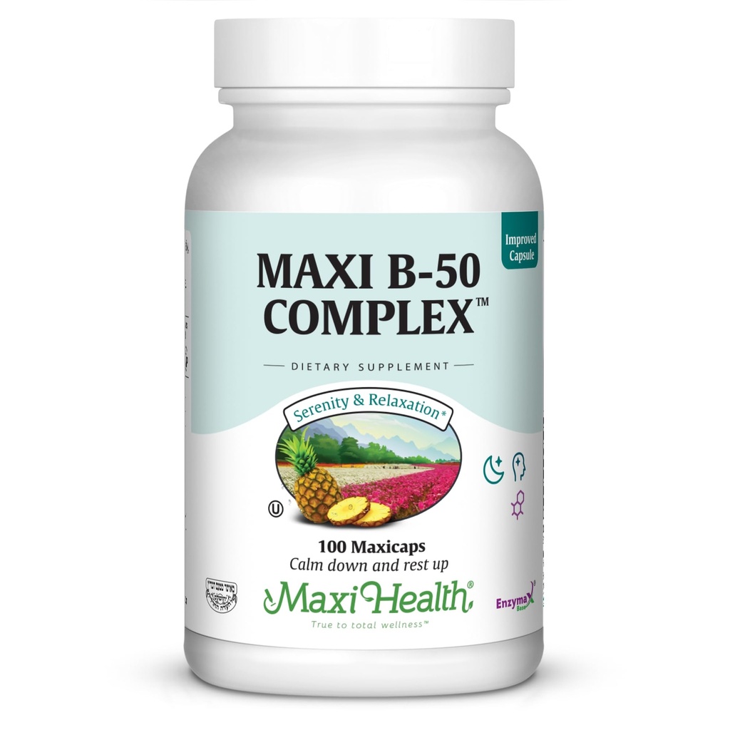 Maxi Health B vitamīna komplekss – augstas potences B komplekss Vitamīni B-50 ar B1, B2, B3, B6, B12, Biotin & Folāts – Atbalsts Celulārā enerģija un Garīgā skaidrība – Košera – 100 kapsulas
