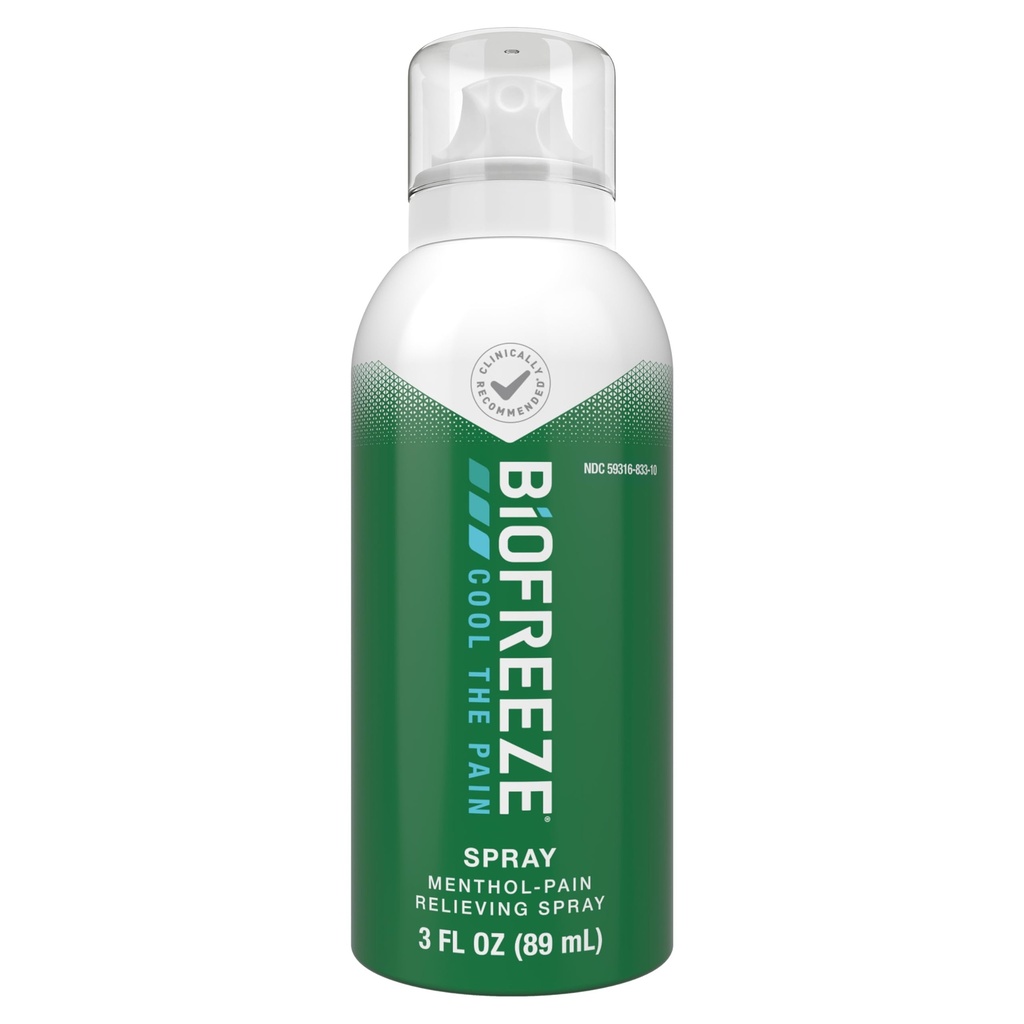Biofreze Menthol Spray 3 FL OZ Bezkrāsains Aerosol Spray sāpju atvieglošanai, kas saistīta ar Sore Muskuļi, Artrīts, Simple Muguras sāpes, un locītavu sāpes