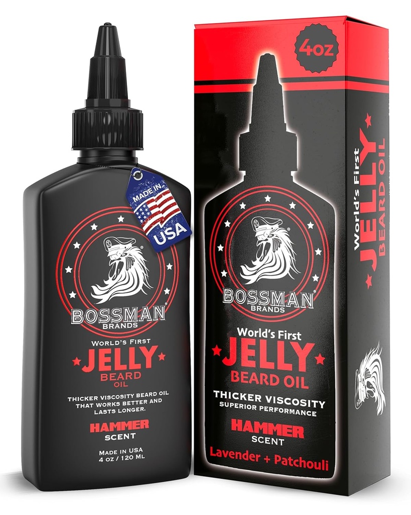 Bossman Jelly Beard Oil vīriešiem (4 oz, Hammer Scent) – Mīkstina, Mitrina & Nosacījumi ar dabas sastāvdaļām