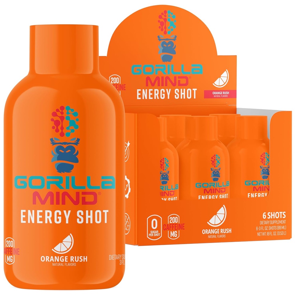 Gorilla Mode Enerģijas Shots (6-Pack) - Enerģijas Shots Enhanced Focus & Energy, bez cukura, ātri darbojas, spēcīgs Formula ar vitamīniem un dabas ekstrakti (Orange Rush)