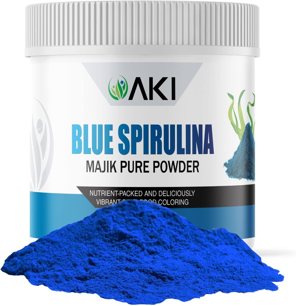 AKI E18 Blue Spirulina pulvera iepakojums – Ultra Koncentrēts Fikocianīns Superfood – Dziļi zils, vegans un ne-GMO – Ideāli piemērots gludumiem, saldējumam, jogurtam vai konditorejas izstrādājumiem – 2oz/57g