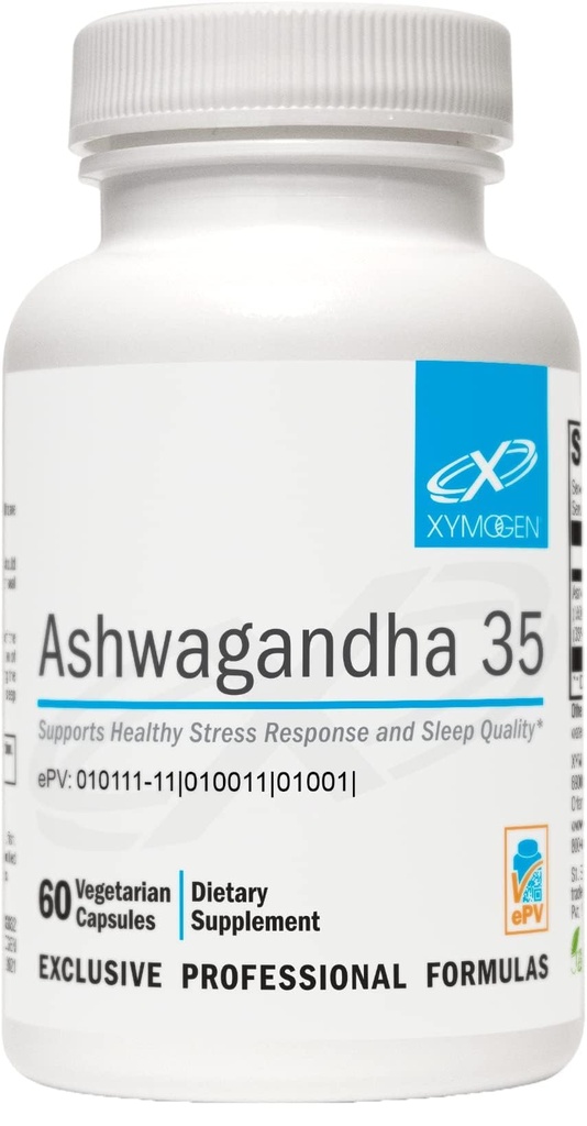XYMOGEN Ashwagandha 35 - Patentētas, attīrītas ašvagandas saknes + lapu ekstrakts (35% aranolīda glikozīdu) - atbalsta veselīga stresa reakciju, relaksāciju un kvalitatīvu nakts atpūtu (60 kapsulas)