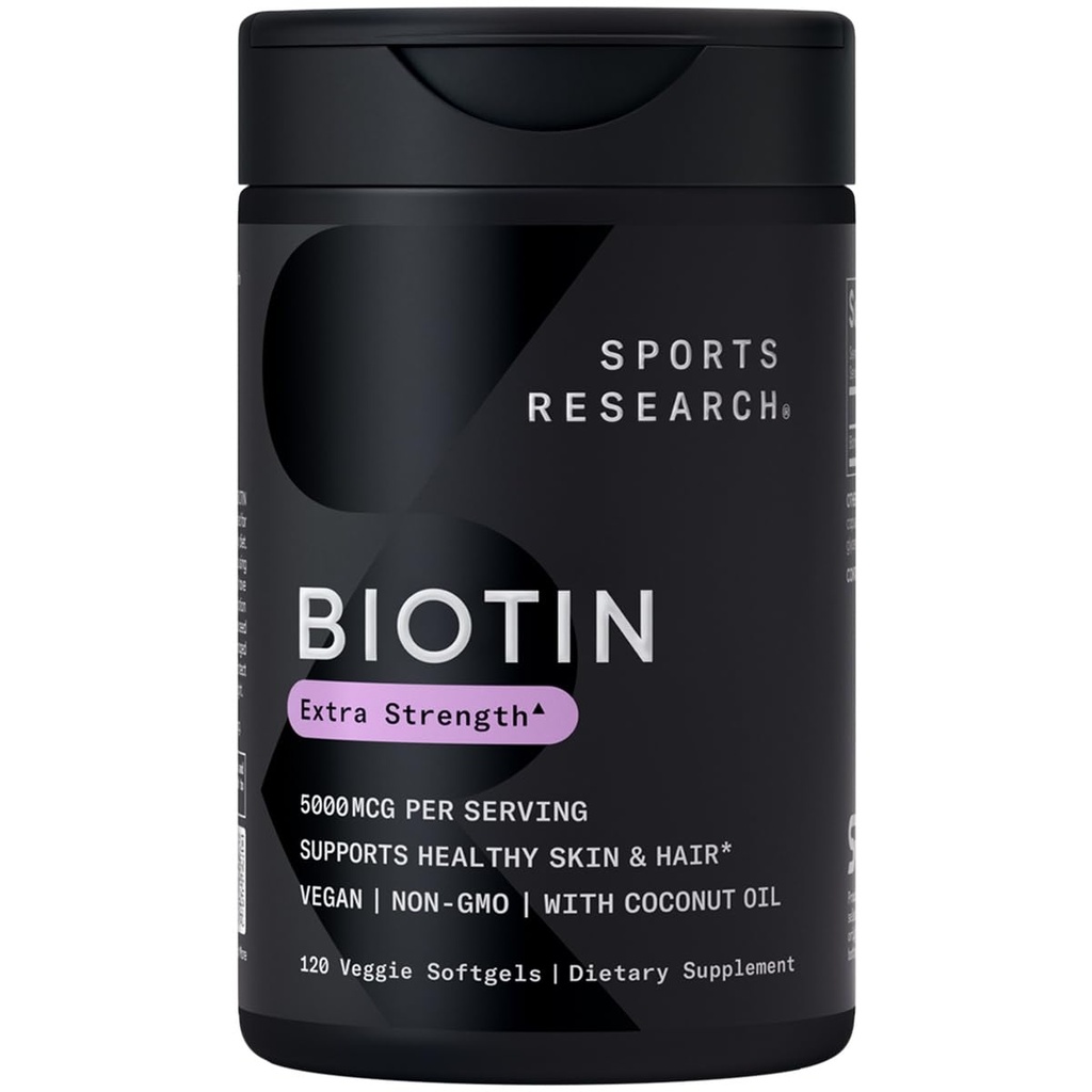 Sporta pētījumi® Biotin 5,000mkg ar organisko kokosriekstu eļļu - Biotīns (B7 vitamīns) veselīgai ādai un matu atbalstam* - sievietēm un vīriešiem - Vegan, Non-GMO, Gluten & Soy-free - 120 Veggie Softgels