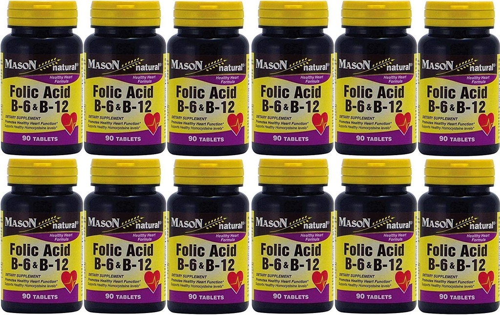 Mason Vitamīni Folijskābe B-6 & B12 Sirds veselība Formula 90 tabletes katrā pudelē 12 kopā 1080 tabletes
