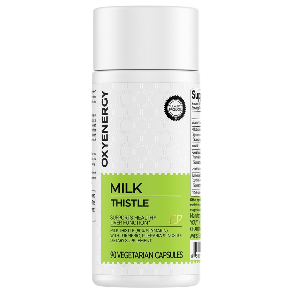 OxyEnergy Silymarin Milk Datele 300mg ekstrakts ar C vitamīnu, inozitolu un puerāriju, aknu detoksu un remonta atbalstu, antioksidantu atbalstu, 90 veģetārās kapsulas