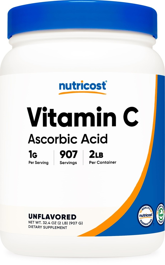 Nutricost Askorbīnskābes pulveris (C vitamīns) 2 LBS - bez lipekļa, ne-GMO
