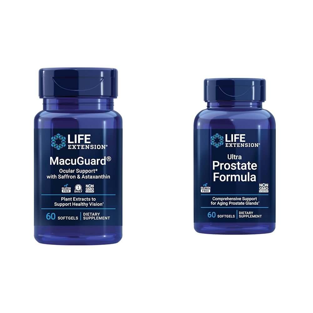 Life Extension Macuguard Ocular Support with Saffron & Astaksantin 60 Count and Ultra Prostate Formula Saw Palmetto 60 Softgels