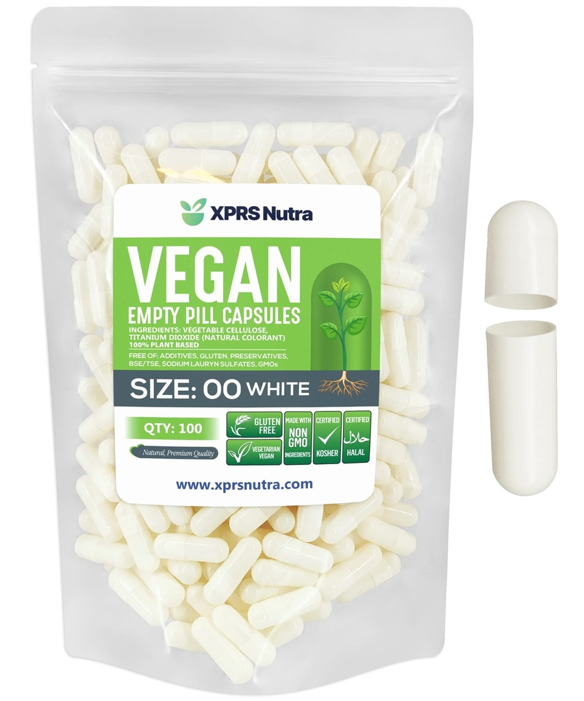 XPRS Nutra Size 00 Tukšas kapsulas - 100 Skaitīt Tukšas Vegan Kapsulas - Veģetārs Tukšas Tabletes - DIY Dārzeņu Kapsulas Pildīt - Veggie Pilli Caps (balts)