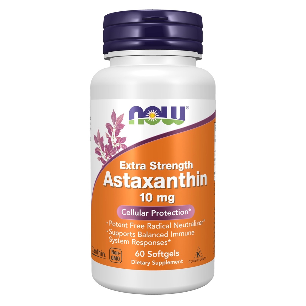 NOW pārtikas piedevas, astaksantīns 10 mg, papildus stiprums, iegūts no ne-GMO Haematococcus Pluvialis Microalgae un dabā sastopams luteīns, kantaksantīns un beta karotīns, 60 softgeli
