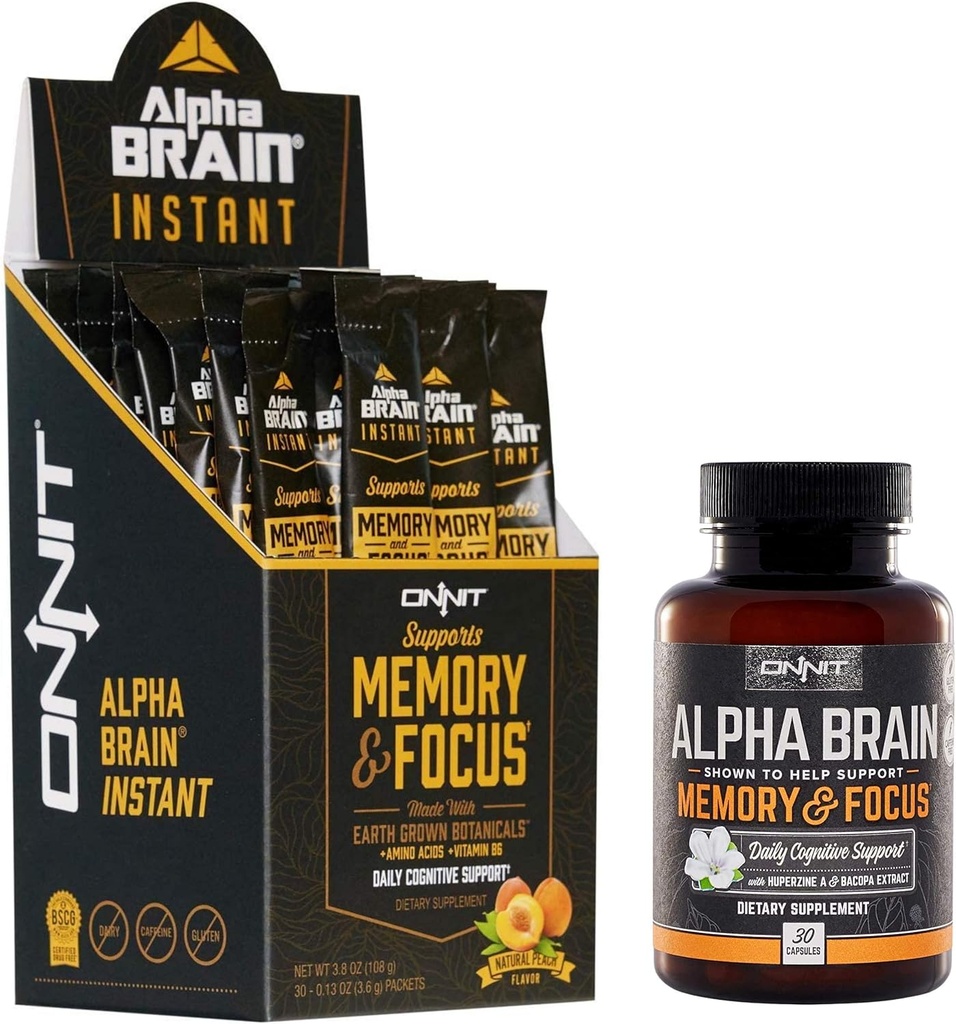 ONNIT Nootropais kaudze - Alfa smadzeņu kapsulas (30ct) + alfa smadzeņu tūlītējā reakcija - Dabīgais persiks (30ct)