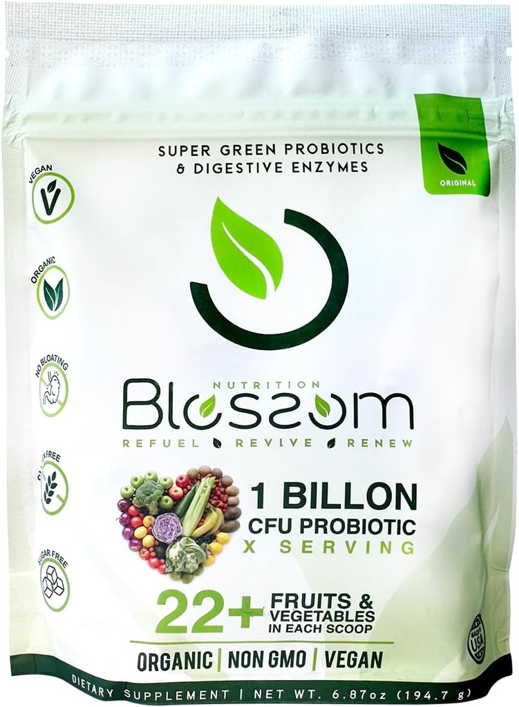 Blosom SuperGreens Probiotikas – Gremošanas Fermenti ar Pre / Probiotika uzputošanas Relief – 30+ SuperGreens & SuperReds Boost Enerģija –Organisks, lipeklis-free, No Fiber, 0g Cukurs (Lemon Citrus)