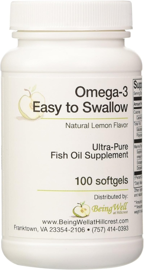 Omega-3 'Viegla norīšana' Īpaši tīras zivju eļļas papildinājums Dabīgs citrona flavors 100 softgeli