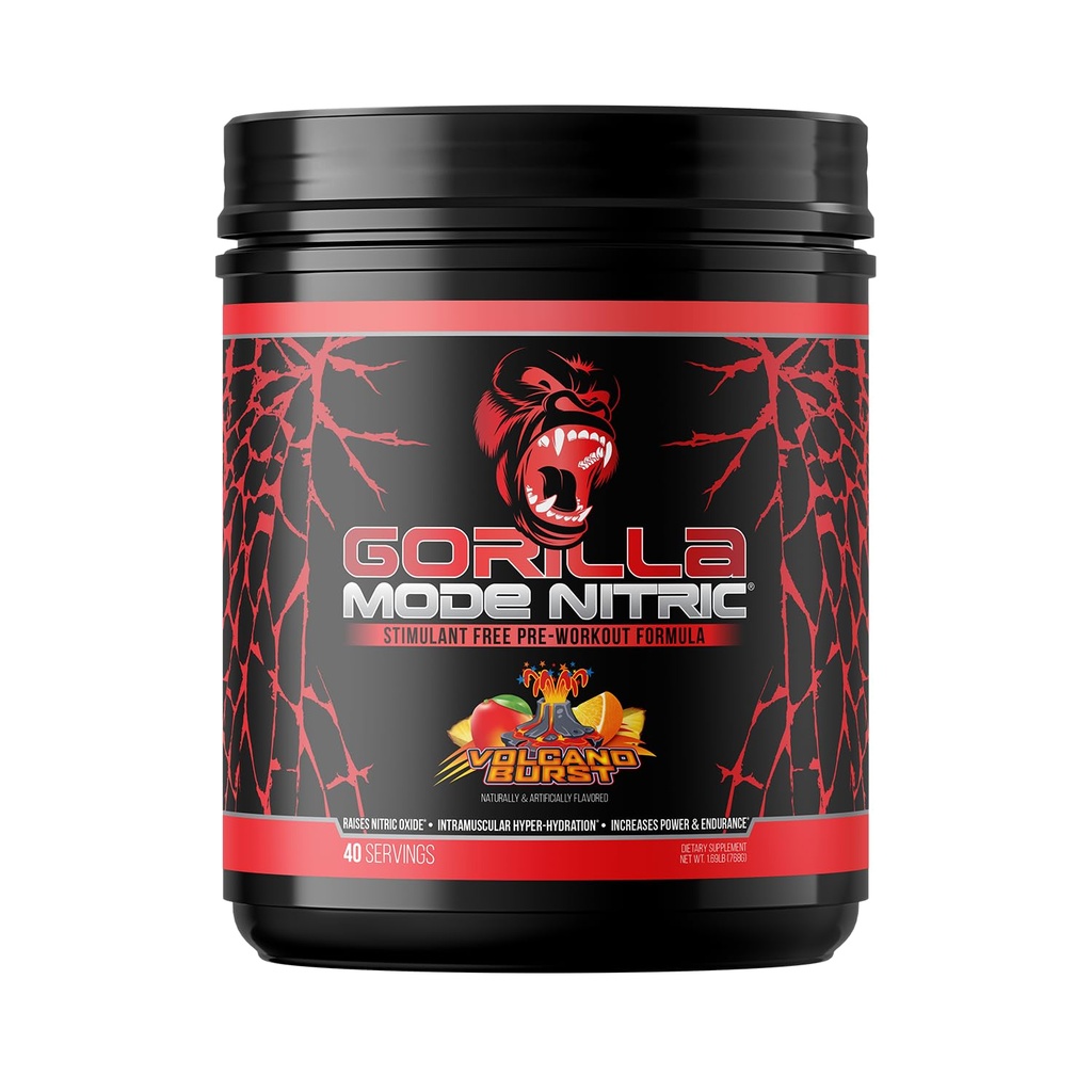 Gorilla Mind - Gorilla Mode Nitric Upgraded Stimulants bezmaksas pirmsdarbs – Labākā degustācija un efektīvākie stimuli Bezmaksas pirmsdarbs/masīvie sūkņi · Vazodilatācija · Jauda / 768 Grami (Volcano Burst)