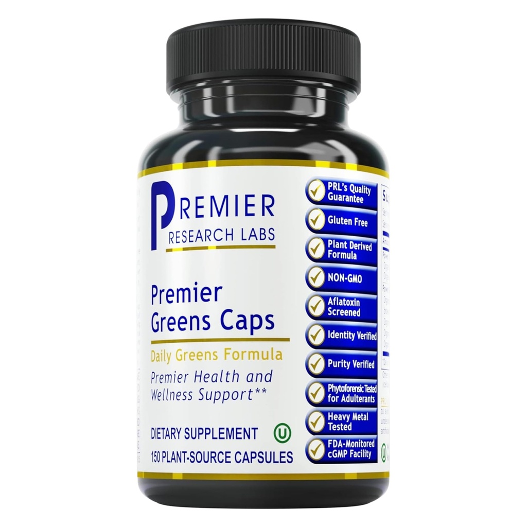 Premier Research Labs Greens Kapsulas - Super Greens Kapsulas, Zaļie papildinājumi, Super Greens tabletes labsajūtai, Veggie Tabletes ar Leafy Greens, Kale, Chlorella - 150 Veģetārās kapsulas