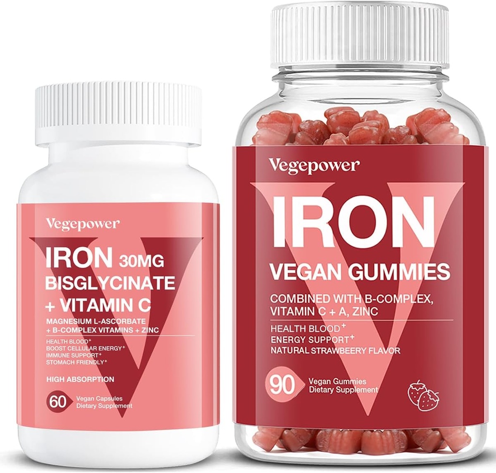 Vegan Iron Gummies Strawberry Plus Iron Bisglicinate 30MG ) Vegāns Dzelzs Papildinājums asins veselībai un ikdienas enerģijai pieaugušajiem un bērniem - 90 Count+60 Count