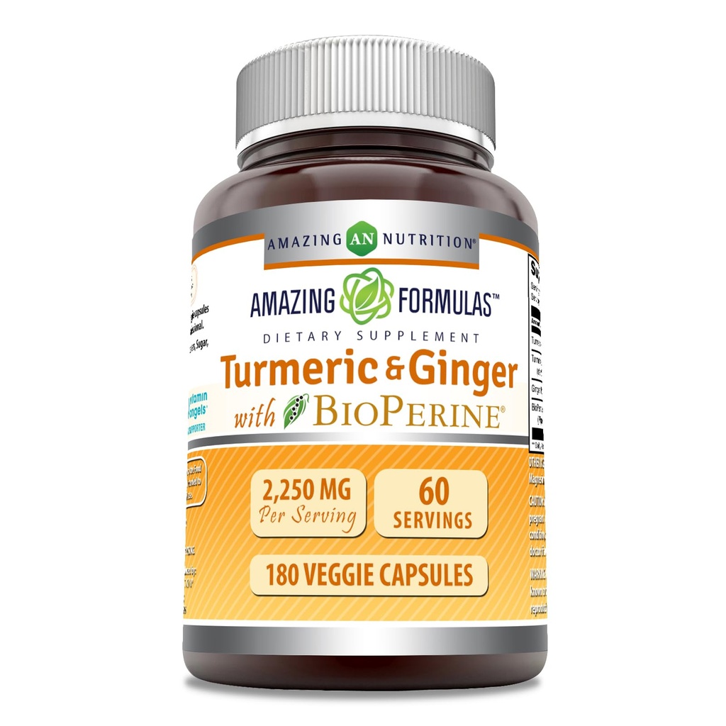 Amazing Formulas Turmeric Curcumin & Ginger ar BioPerine 2250 mg Per Servē veggie kapsulas ; Non-GMO ; bez glutēna; ražots ASV; Ideāls veģetāriešiem (180 grāfs)
