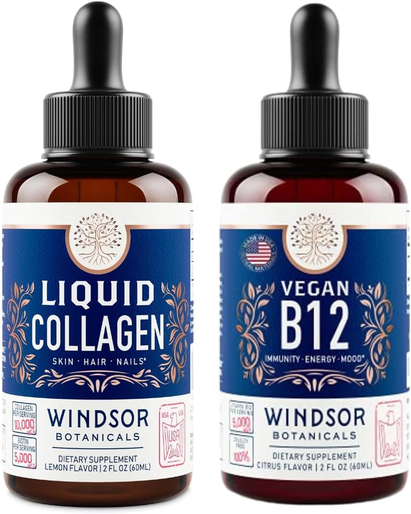 WINDSOR BOTANICALS B12 vitamīns Šķidrais un šķidrais kolagēns ar biotīnu - Enerģija un labsajūtas paka