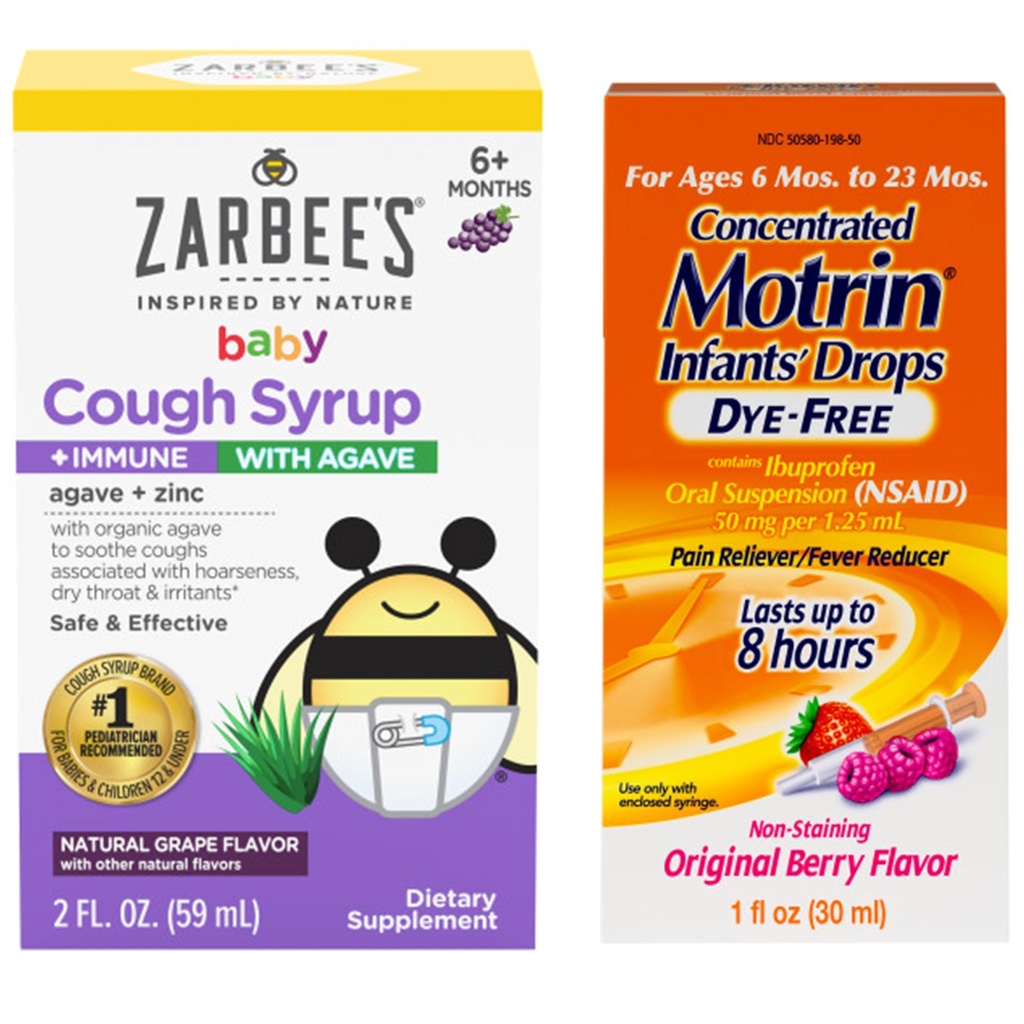 Motrīna un Zarbee s Essentials zīdaiņiem Zīdaiņu Koncentrēta šķidrā medicīna pilieni ar Ibuprofēns un Zarbee s Baby Cough; Syrup + Imūnās ar organisko Agave + cinks