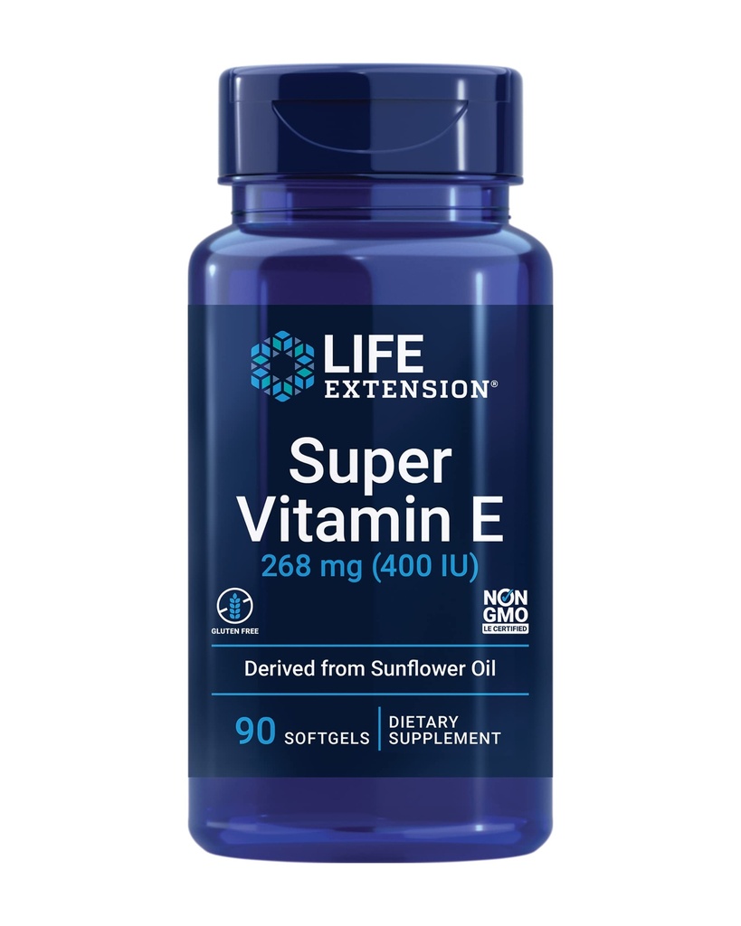 Dzīves paildzinājums Super E vitamīns, 268 mg (400 SV), nesintētiskais E vitamīns veicina pilnvērtīgu veselību, bez lipekļa, ne-GMO, 90 softgelus
