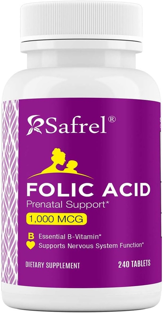 Safrels Folijskābe 1000 μg (1 mg) - B9-240 vitamīna tabletes, būtisks prenatāls un postnatāls vitamīns augļa attīstībai, sarkano asins šūnu ražošana, šūnu un nervu attīstība          - ne-GMO, vegans