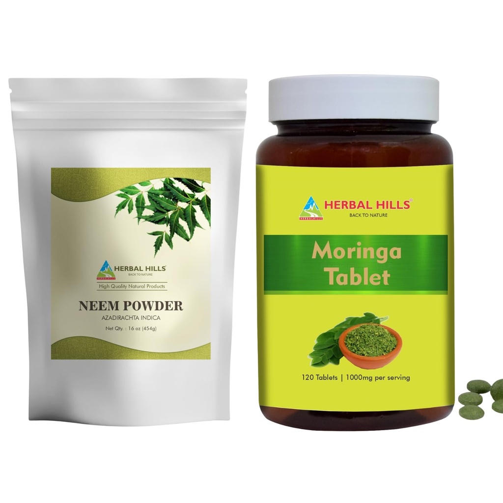 HERBAL HILLS Neem Leaf pulveris un Moringa tabletes Šigru iepakojums ar 2 Combo