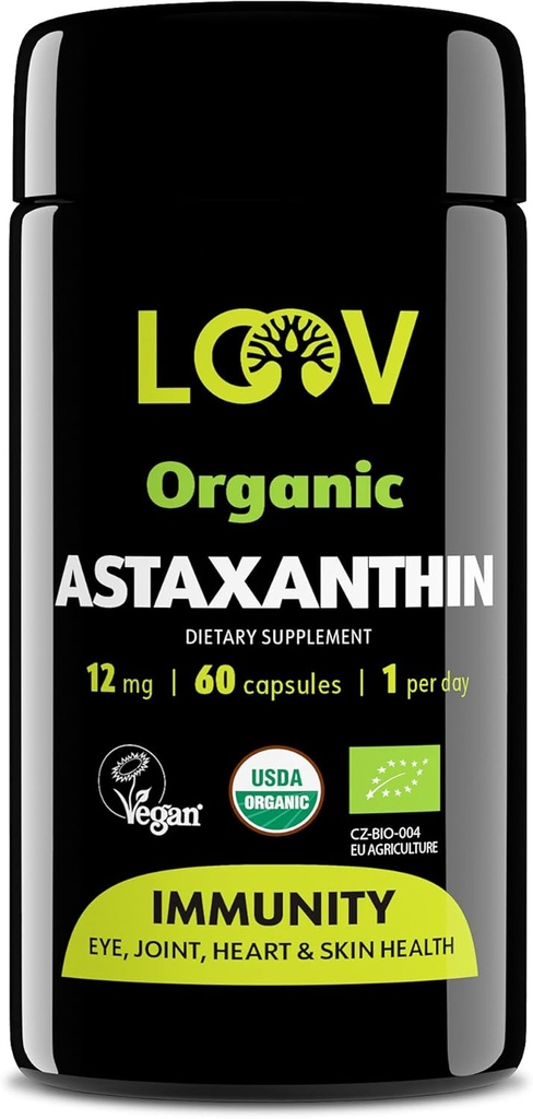 LOOV Natural Organic Astaksantin 12 mg – 60 dienu piegādes – Max Strength Antioksidants – acu, locītavu, ādas, imunitāte – no mikroaļģēm – ne-GMO, Vegan, ilgtspējīgas