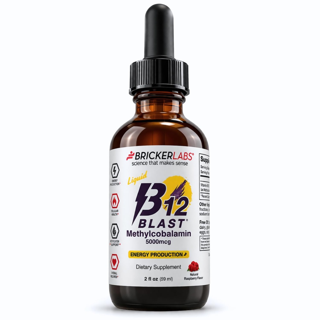 Bricker Labs B12 Blast Metilkobalamīns 5000mcg, Great Tasting Sublingual Šķidrā enerģija Vitamīni -Vegan B12 Vitamīni, ilgstošas enerģijas un šūnu veselības papildinājums - 59 dienu Servē