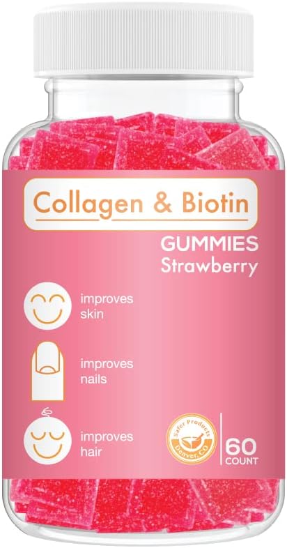 Kolagēns Biotin Gummies - atbalsta matu, ādas un nagu Matu augšana pret novecošanu aprūpes košļājamā gummija Vitamīni, Vegan, ne-GMO, bez lipekļa, želatīns zemeņu Flavor 60 Count, Pink