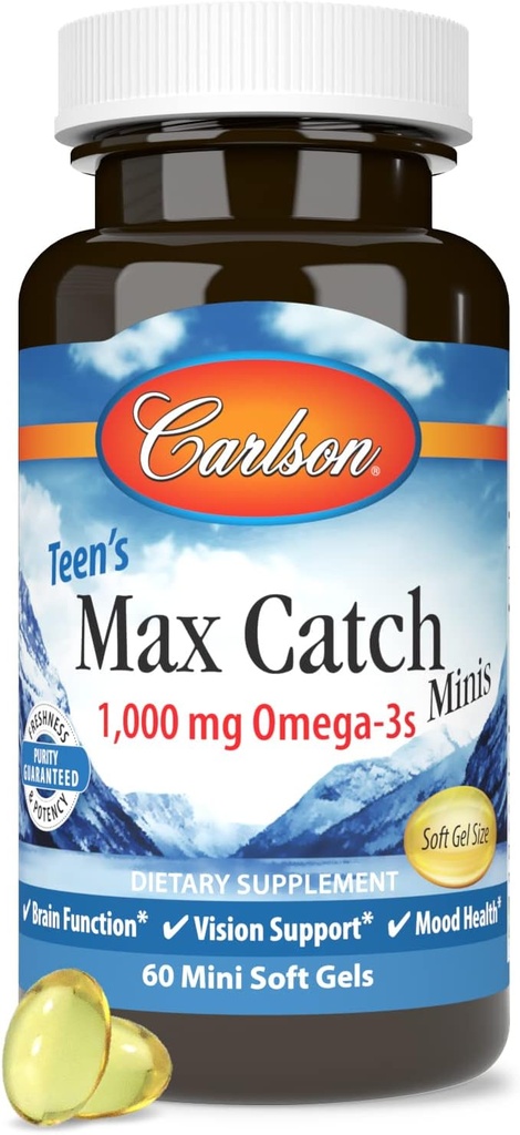 Carlson - Teen Max nozvejas Minis, 1000 mg Omega 3s, smadzeņu veselība, redzes atbalsts, Mood Health, 60 Softgels