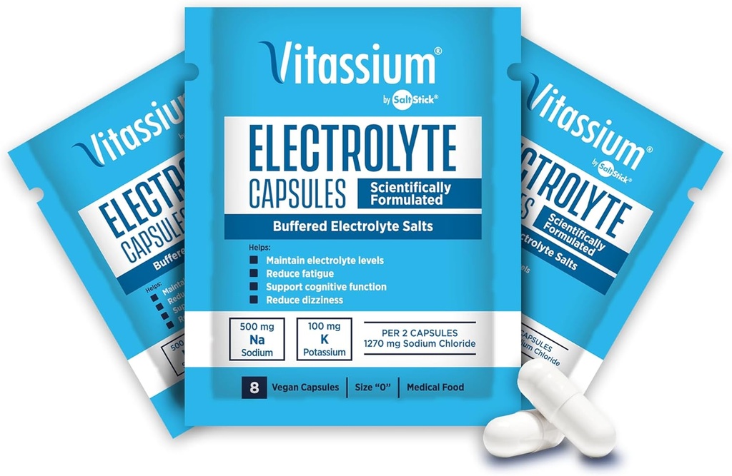 Vitassium kapsulas, elektrolīti POTS sindroma ārstēšanai (500 mg nātrija - 100 mg kālija), 240 buferētās sāls kapsulas